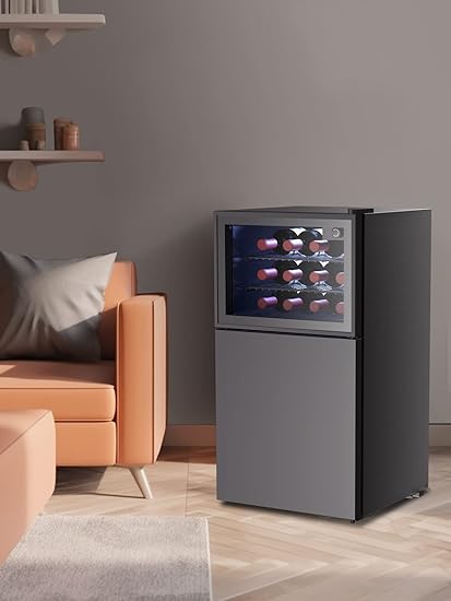 Double Door Beverage Wine Cooler with Freezer,1.3 Cu Ft Mini Fridge and 1.3 Cu Ft Freezer with Reversible Door,Dual Zone Temperature Control,Perfect for Home or Office