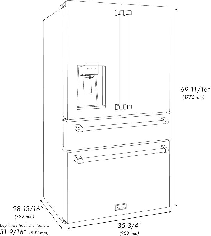ZLINE Autograph 36 in. Counter-Depth Refrigerator with Bronze Traditional Handles (RFMZ-W-36-CB)