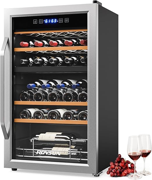 ROVSUN Dual Zone Beverage Cooler Refrigerator, 33 Bottle Chiller with Glass Door & Digital Temperature Control, Freestanding for Wine, Champagne, Beer