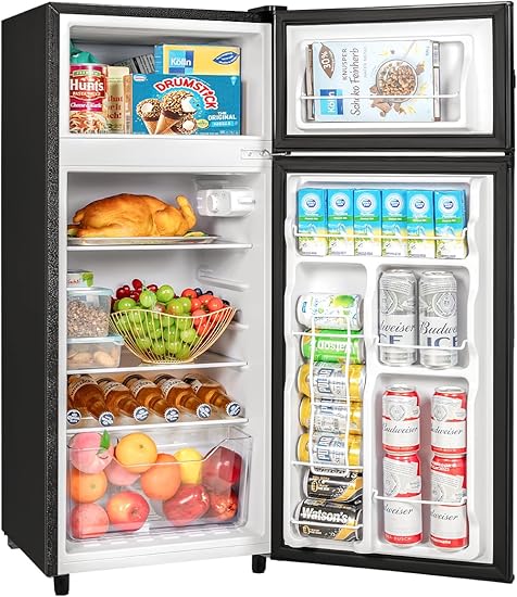 Double Door Refrigerator with Freezer, 4.5 Cu.Ft, Small Fridge with Freezer, 7 Settings Temperature Adjustable, Mini Refrigerator for Apartment Bedroom Dorm and Office (4.5 Cu.Ft, Black)