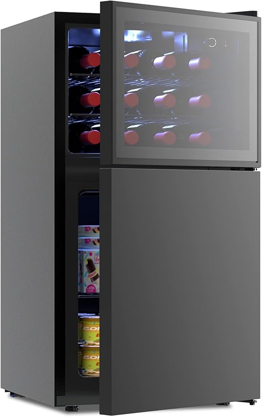 Double Door Beverage Wine Cooler with Freezer,1.3 Cu Ft Mini Fridge and 1.3 Cu Ft Freezer with Reversible Door,Dual Zone Temperature Control,Perfect for Home or Office