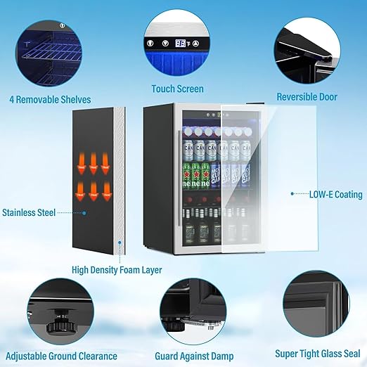 Beverage Refrigerator, 4.5 Cubic Feet/145 Can Fridge for Soda Beer or Wine with Adjustable Shelve & LED Display, Drink Refrigerator for Home/Bar/Office(Silver)
