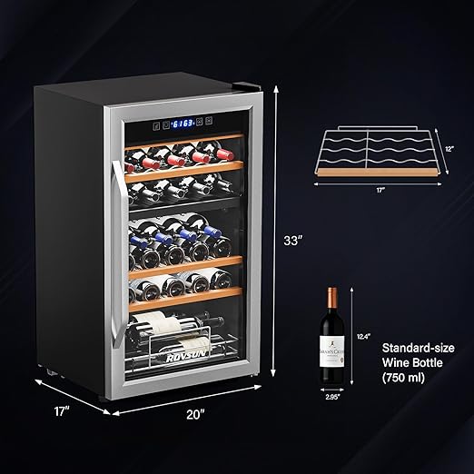 ROVSUN Dual Zone Beverage Cooler Refrigerator, 33 Bottle Chiller with Glass Door & Digital Temperature Control, Freestanding for Wine, Champagne, Beer