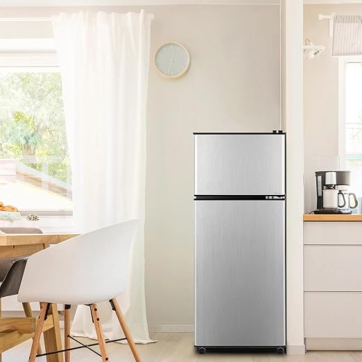 Anukis Compact Refrigerator 3.8 Cu Ft 2 Door Mini Fridge with Freezer for Apartment, Dorm, Office, Family, Basement, Garage - Silver