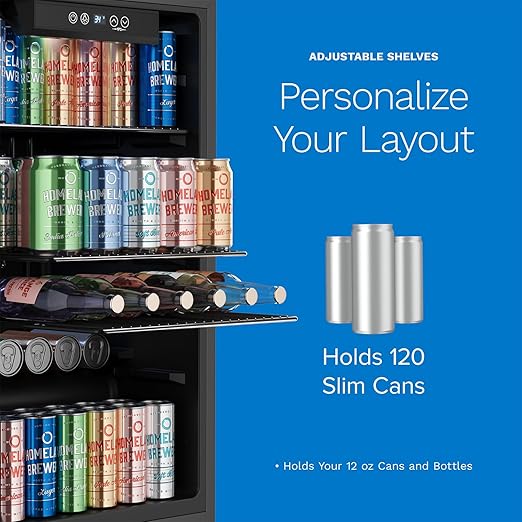 hOmeLabs Beverage Refrigerator and Cooler - Mini Fridge with Glass Door for Soda Beer or Wine - 120 Cans Capacity - Small Drink Dispenser Machine for Office or Bar with Adjustable Removable Shelves