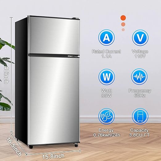 Anukis Compact Refrigerator 3.8 Cu Ft 2 Door Mini Fridge with Freezer for Apartment, Dorm, Office, Family, Basement, Garage - Silver