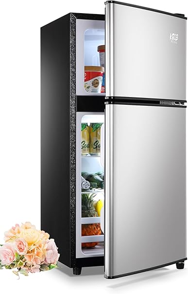 3.5 Cu.Ft Mini Fridge,Small Refrigerator 7 Level Adjustable Thermostat Removable Shelves with Stainless Steel 2 door for Office Dorm Apartment Silver, (KB02 FLS-80-SILVER-4)
