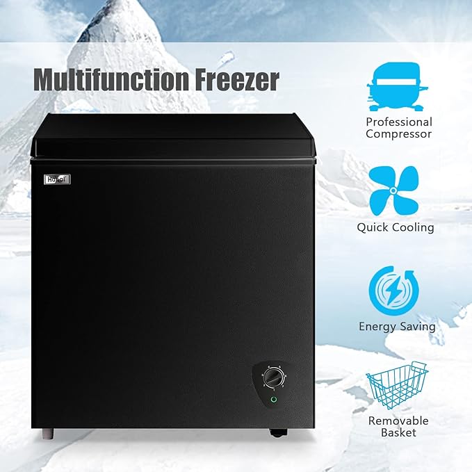 5.0 Cubic Feet Deep Chest Freezer Compact Freezers with Adjustable Thermostat Top Open Door Freezer Compressor Cooling with Rmovable Storage Basket for Home Kitchen Office and Bar (Black)